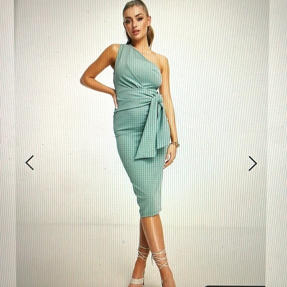 One shoulder side knot midi dress in sage green - Picture 1 of 6